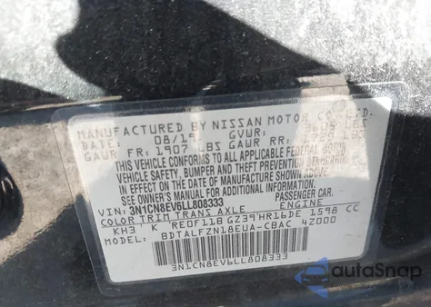 2020 Nissan Versa Sv Xtronic Cvt from USA, damaged, VIN 3N1CN8EV6LL808333